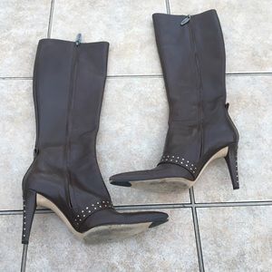 Sergio Rossi brown leather studded heeled boots 38